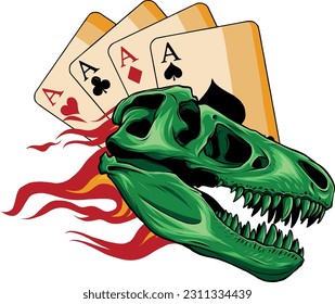 vector illustration of Dinosaur Skull with flames and poker card