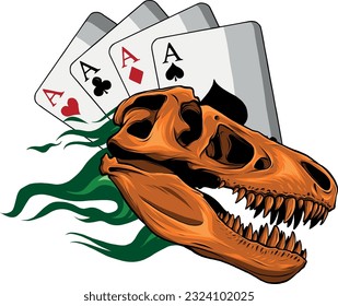 vector illustration of Dinosaur Skull with flames and poker card