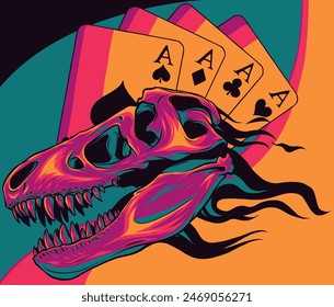 vector illustration of Dinosaur Skull with flames and poker card