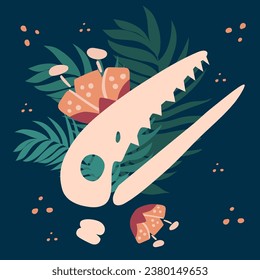 Vector illustration of a dinosaur skull with a flower.
