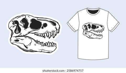 Vector illustration of a dinosaur skull in a hand-drawn style. Used as a sticker and t-shirt print.