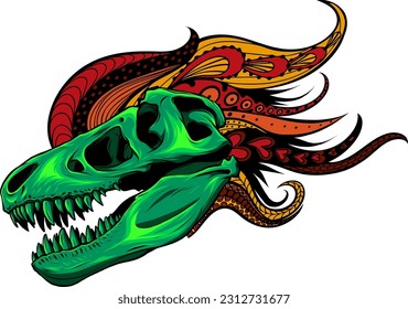 vector illustration of dinosaur skull with mandala ornaments