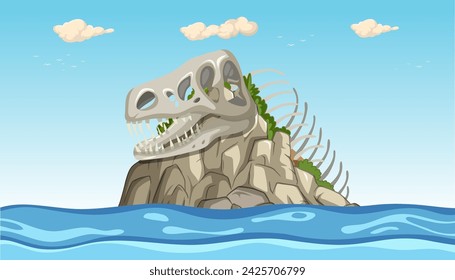 Vector illustration of a dinosaur skull on an island