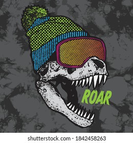 Vector illustration of dinosaur skull ready to ride ski and seamless pattern of a tie dye background 