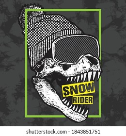 Vector illustration of dinosaur skull ready to ride ski and seamless pattern of a tie dye background 