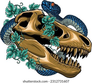 vector illustration of dinosaur skull with snake and leaves