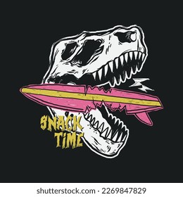 Vector illustration of dinosaur skull with surfboard and typography elements.