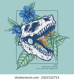 Vector illustration of dinosaur skull with tropical flowers and typography.