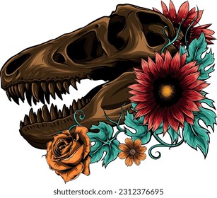 Vector illustration of dinosaur skull with tropical flowers