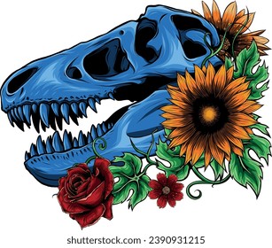 Vector illustration of dinosaur skull with tropical flowers