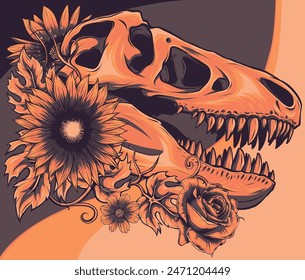 Vector illustration of dinosaur skull with tropical flowers