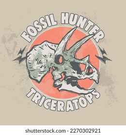 Vector illustration of dinosaur skull with typography elements. Fossil hunter.