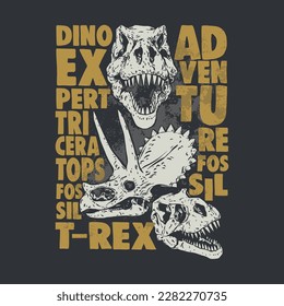 Vector illustration of dinosaur skull and typography elements. For boys t-shirt.