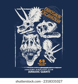Vector illustration of dinosaur skull with typography elements. For Boys T shirt.