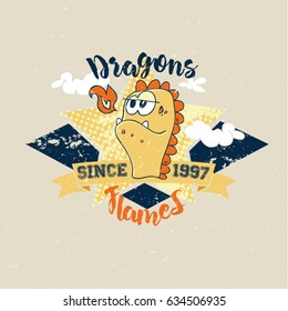 Vector illustration of dinosaur is spewing flame. Boys team design print for a shirts 