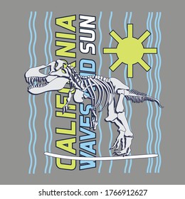 vector illustration of dinosaur and  surfing theme. t shirt graphics