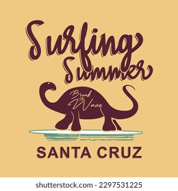 vector illustration of dinosaur and  surfing theme. t shirt graphics