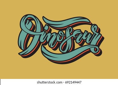 Vector illustration of Dinosaur text for boys, mans clothes. Kids badge, tag, icon, invitation, banner. Dino calligraphy background. Masculine children fashion lettering typography poster. EPS 10