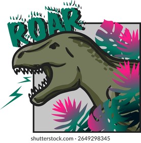 Vector illustration of a dinosaur t-rex with leaves. Roar
