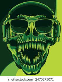 vector illustration of Dinosaur T-rex skull in headphones and sunglasses