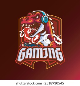 Vector Illustration of Dinosaur Wearing Headphone Playing Joystick with Esport Style Illustration Available for Logo Badge