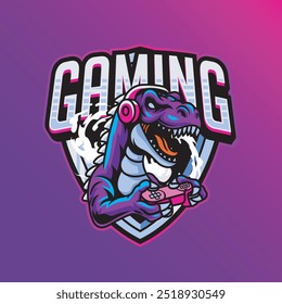 Vector Illustration of Dinosaur Wearing Headphone Playing Joystick with Esport Style Illustration Available for Logo Badge