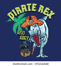 Vector illustration of dinosaur wearing a pirate suit. Pirate dinosaur.For boys t-shirt