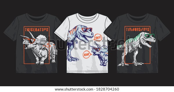 Vector illustration of dinosaurs and 3-pack graphic t-shirt design.
