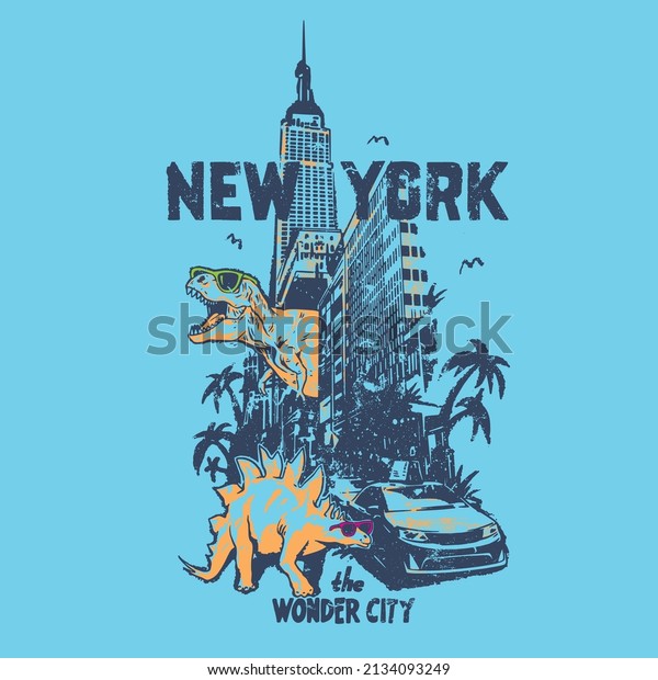 Vector\
illustration of Dinosaurs cartoon with City\
