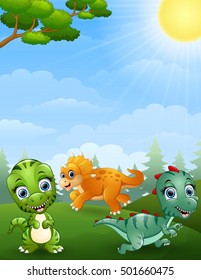 vector illustration of Dinosaurs cartoon in the jungle