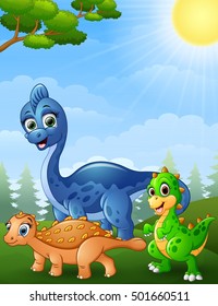 vector illustration of  Dinosaurs cartoon in the jungle 