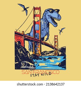 Vector illustration of dinosaurs with city landscape. For boys t-shirt