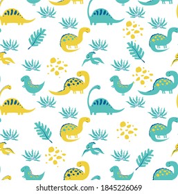 Vector illustration with dinosaurs. Hand drawn drawing about the Jurassic period and animals. Seamless pattern for boys and girls. Children's design template for fabrics and textiles.