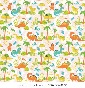 Vector illustration with dinosaurs. Hand drawn drawing about the Jurassic period and animals. Seamless pattern for boys and girls. Children's design template for fabrics and textiles.