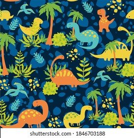 Vector illustration with dinosaurs. Hand drawn drawing about the Jurassic period and animals. Seamless pattern for boys and girls. Children's design template for fabrics and textiles.