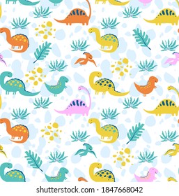 Vector illustration with dinosaurs. Hand drawn drawing about the Jurassic period and animals. Seamless pattern for boys and girls. Children's design template for fabrics and textiles.