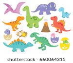 Vector illustration of dinosaurs including Stegosaurus, Brontosaurus, Velociraptor, Triceratops, Tyrannosaurus rex, Spinosaurus, and Pterosaurs.