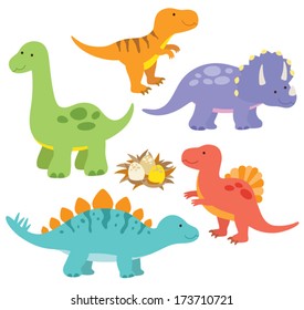 Ilustração vetorial de dinossauros incluindo Stegossauro, Brontossauro, Velociraptor, Triceratops, Tyrannosaurus rex, Espinossauro.