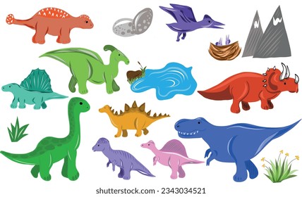 Vector illustration of dinosaurs including Stegosaurus, Brontosaurus, Triceratops, Tyrannosaurus rex, Spinosaurus, and Pterosaurs.