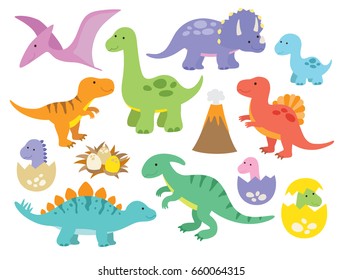Ilustración vectorial de los dinosaurios incluidos el estegosaurio, el bronce, el Velociraptor, el triceratops, el tirannosauro rex, el espinosaurio y los terosaurios.
