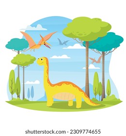 Vector illustration of dinosaurs in nature. Flat illustration.