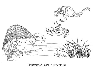 Vector illustration of dinosaurs on a white background. A series of prehistoric dinosaurs. Fossil animals and reptiles in contour style. Coloring book for children and adults. Art therapy.