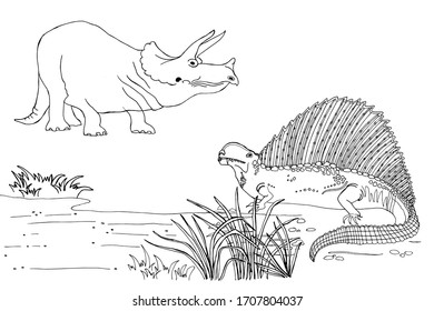 Vector illustration of dinosaurs on a white background. A series of prehistoric dinosaurs. Fossil animals and reptiles in contour style. Coloring book for children and adults. Art therapy.