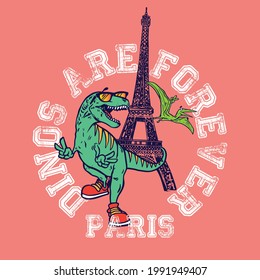 Vector illustration of dinosaurs and Paris. For kids T-shirt.