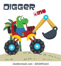 Vector illustration of dinosaurs riding contruction vehicle with cartoon style. Can be used for t-shirt print, kids wear, invitation card. fabric, textile, nursery wallpaper and other decoration.