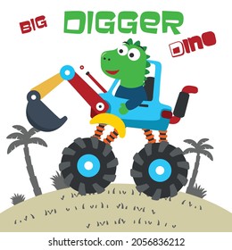 Vector illustration of dinosaurs riding contruction vehicle with cartoon style. Can be used for t-shirt print, kids wear, invitation card. fabric, textile, nursery wallpaper and other decoration.