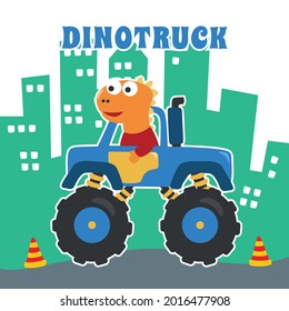 Vector illustration of dinosaurs riding monster truck with cartoon style. Can be used for t-shirt print, kids wear, invitation card. fabric, textile, nursery wallpaper, poster and other decoration.