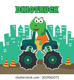 Vector illustration of dinosaurs riding monster truck with cartoon style. Can be used for t-shirt print, kids wear, invitation card. fabric, textile, nursery wallpaper, poster and other decoration.