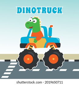 Vector illustration of dinosaurs riding monster truck with cartoon style. Can be used for t-shirt print, kids wear, invitation card. fabric, textile, nursery wallpaper, poster and other decoration.