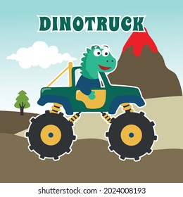 Vector illustration of dinosaurs riding monster truck with cartoon style. Can be used for t-shirt print, kids wear, invitation card. fabric, textile, nursery wallpaper, poster and other decoration.